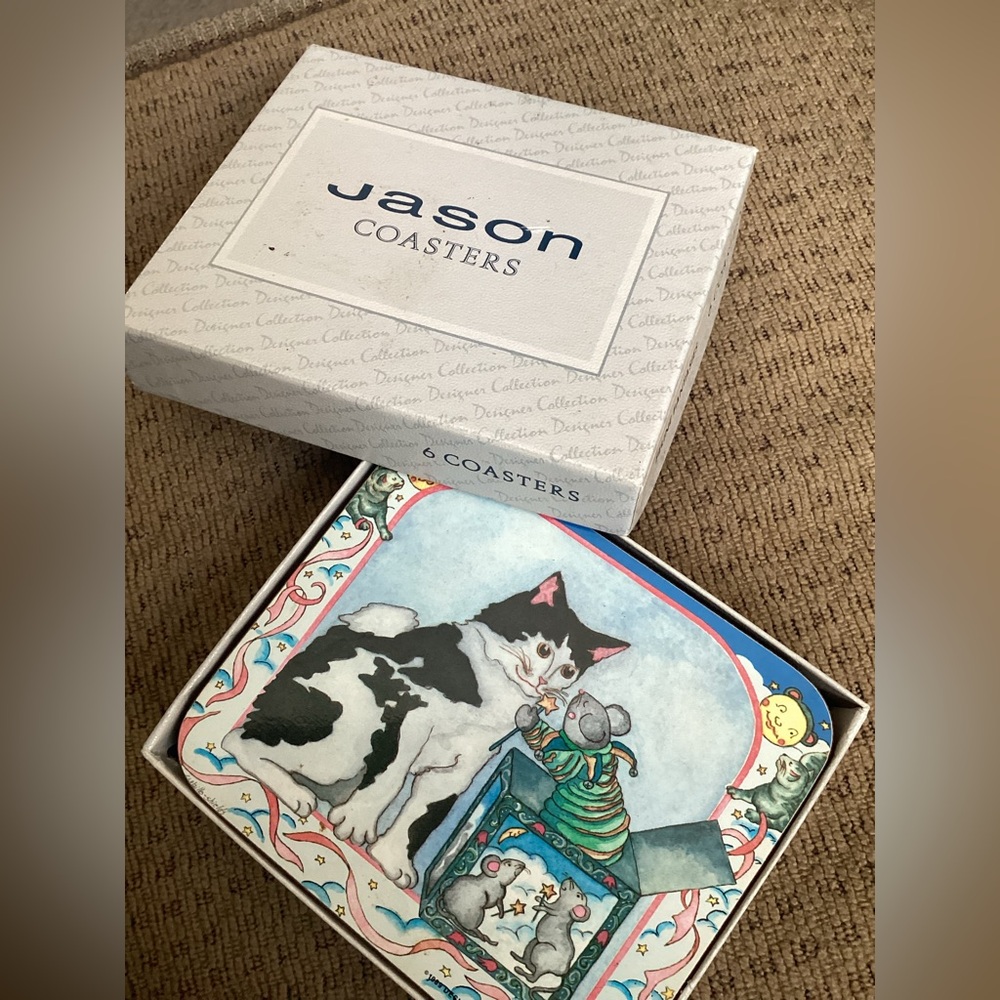 Jason “Feline Fantasies” Cat Coasters Set/6 Cork backed Vintage circa 1980